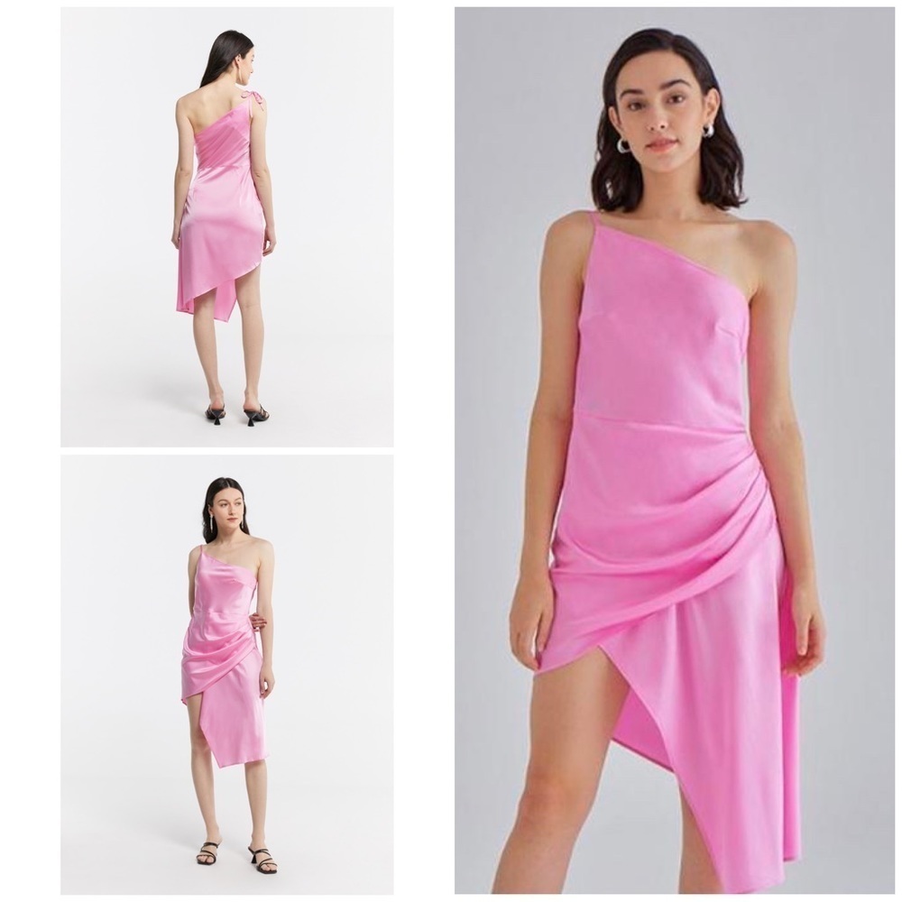 NWT Silk Maison Pink One Shoulder Draped Asymmetrical Ruched Silk Mini Dress XS 